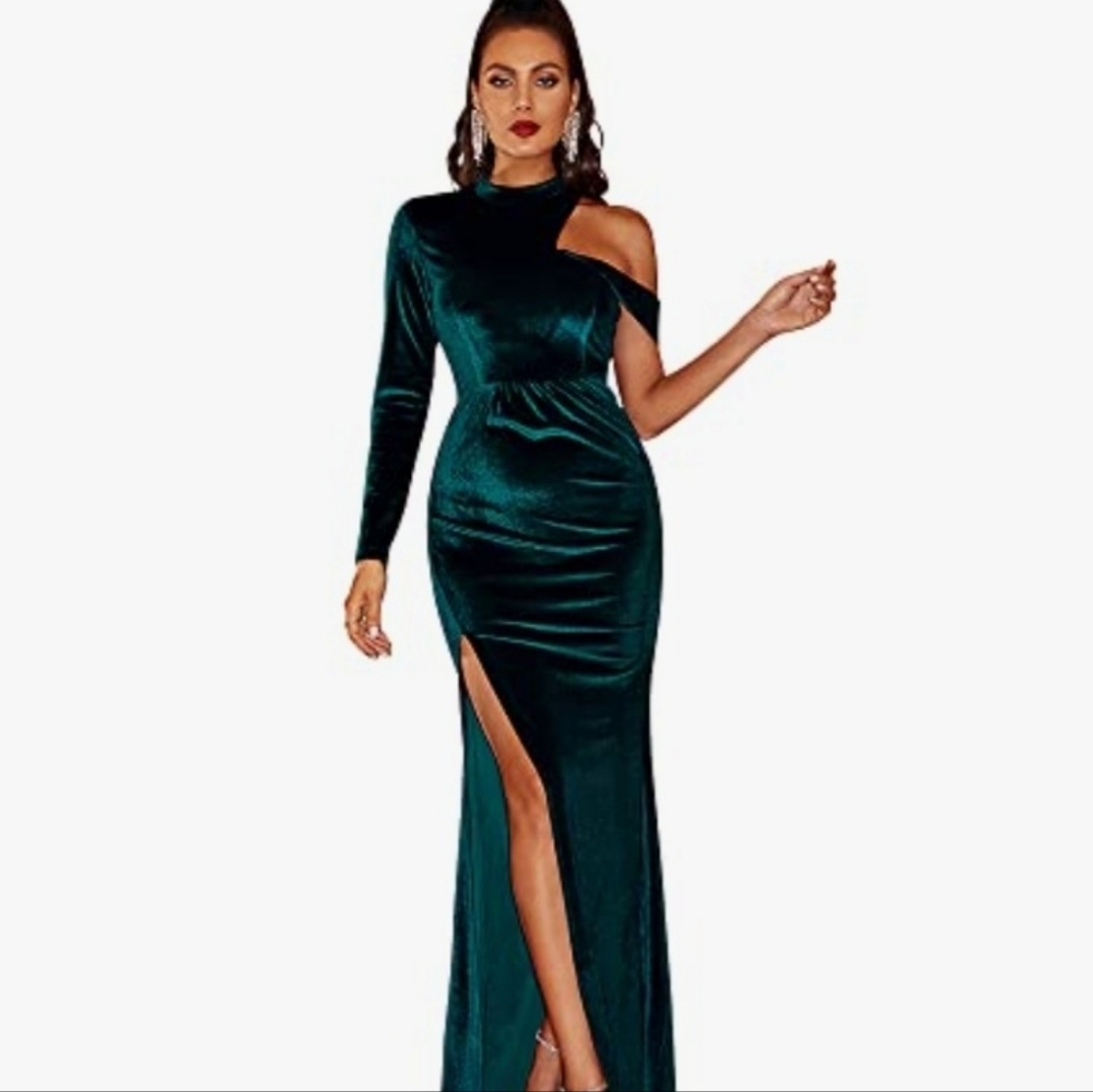 SHEIN Green Velvet One-Shoulder Dress With Slit